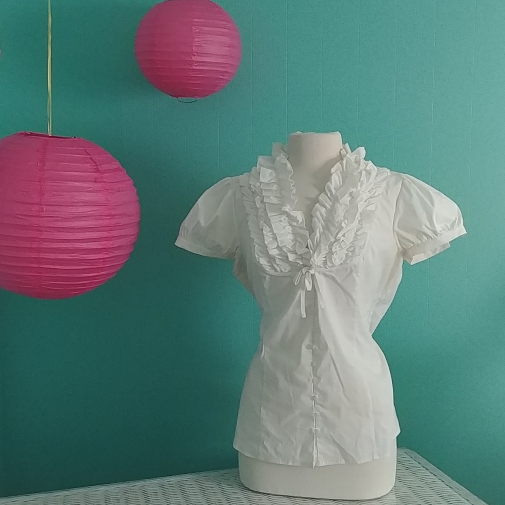 I.N.C. White Ruffle Short Sleeve Blouse Size14